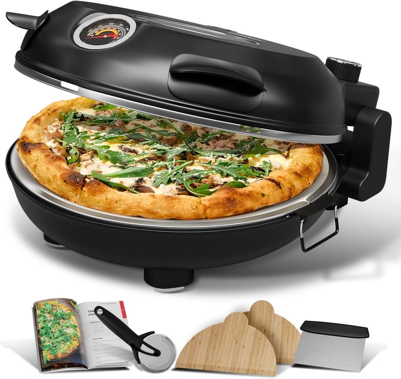 EATEX Electric Pizza Oven Indoor, 12 Inch Countertop Pizza Oven, Portable Stone Pizza Oven, Heats up to 790°F for Crispy Crust, Pizza Maker Machine for Home – Black - Image 1